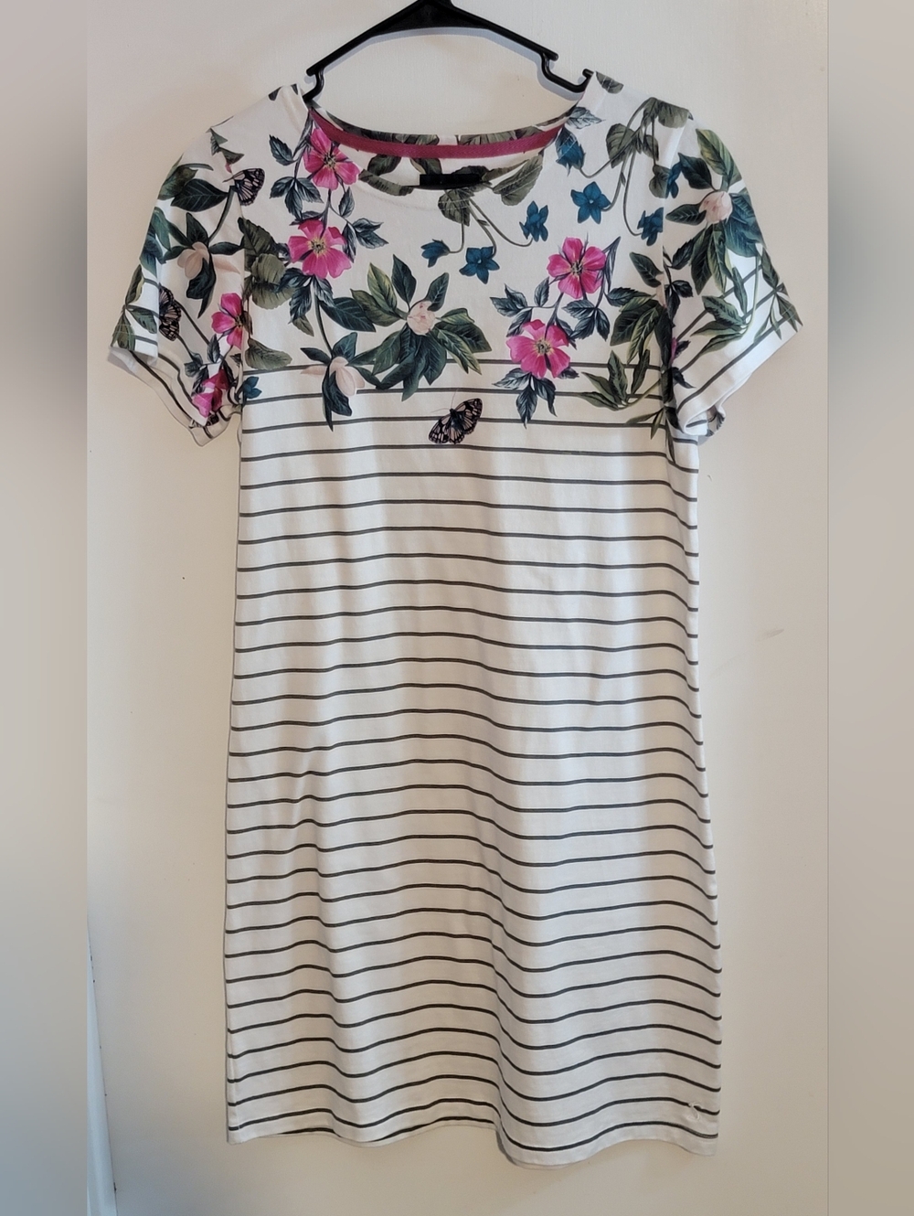 Joules White Striped Cotton Mini Dress with Pink Floral Yoke